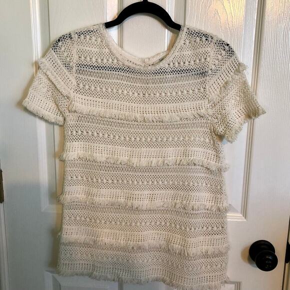JOIE Cream Crochet Tassel Short Sleeve Blouse Boho Chic Twee - Size XXS - Picture 1 of 6
